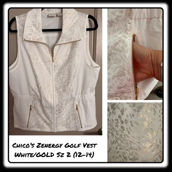 Chicos Zenergy white & metallic gold pattern golf vest lightweight sz 2 (12-14) - Picture 1 of 10